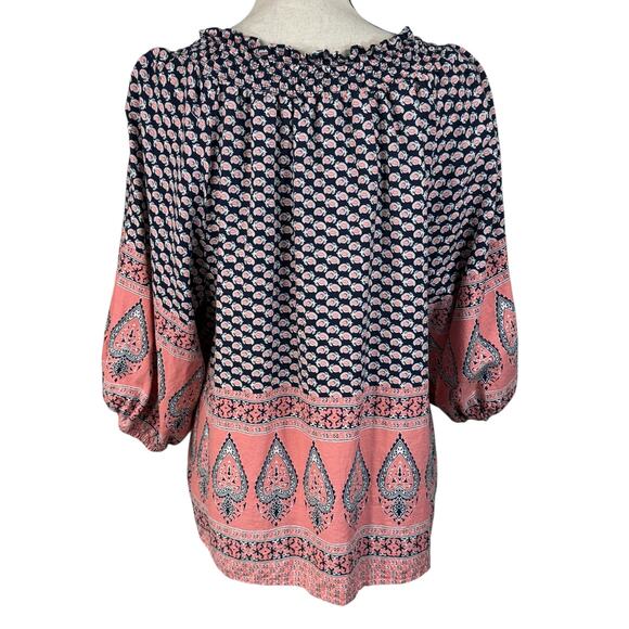 C&C California Small Top Linen Blend Oversized Geometric Balloon Sleeves Keyhole - Picture 5 of 9